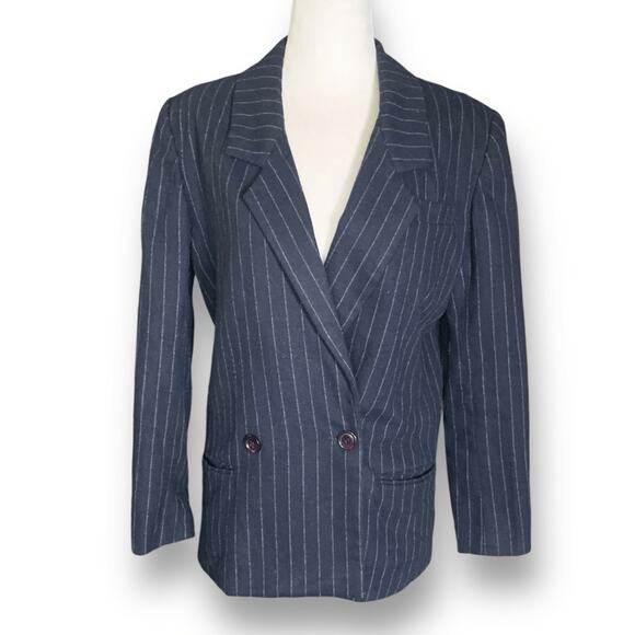 Vintage 80s Sweet Suit Petite Navy Pinstripe Wool Blend Blazer Jacket Size 4 - Picture 10 of 10
